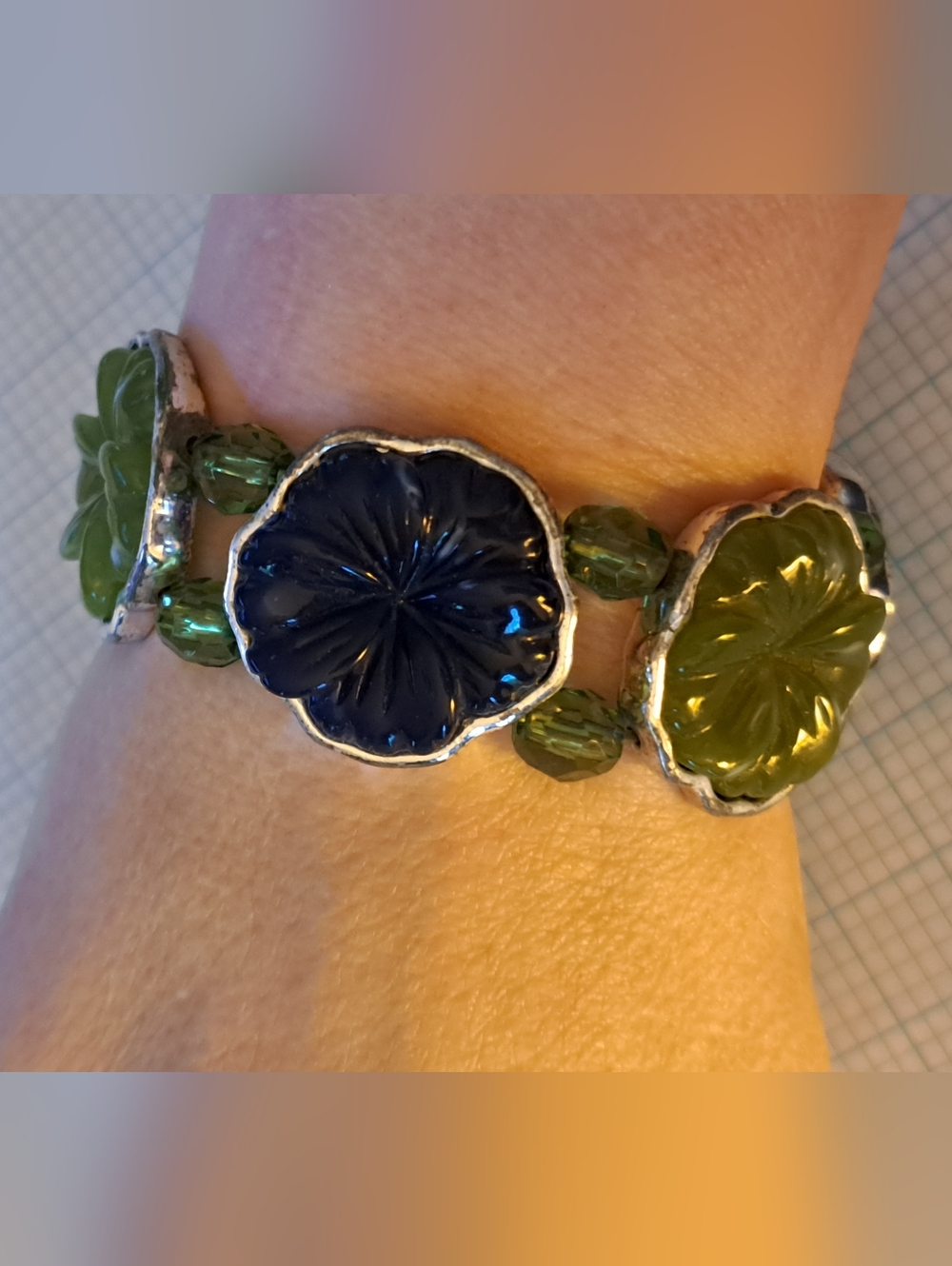 Navy and Olive Floral And Beaded Stretch Bracelet